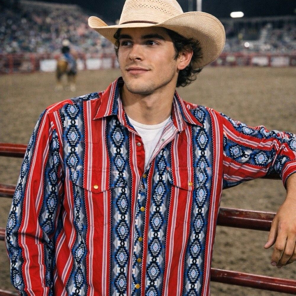 VTG Wrangler Aztec Red Blue Western Pearl Snap Shirt  XL Large Mens Long Sleeve